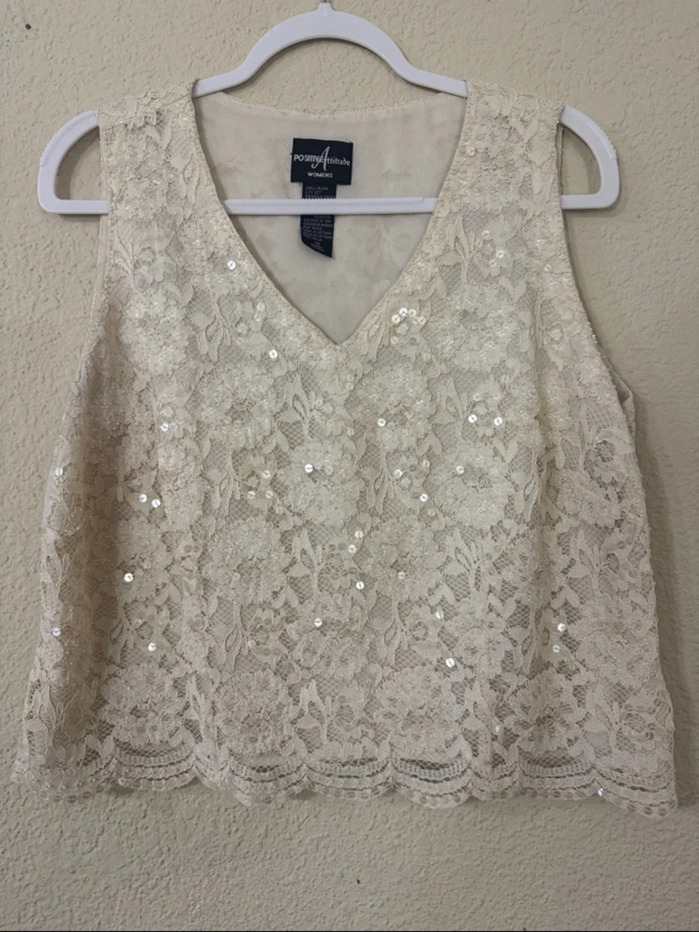 Large Cream Lace Sequin V-Neck Tank